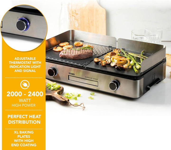 DOMO DO9259G Barbecue Genius – Tischgrill elektrisch mit 2 Temperaturzonen – 2400 W – Kontaktgrill &