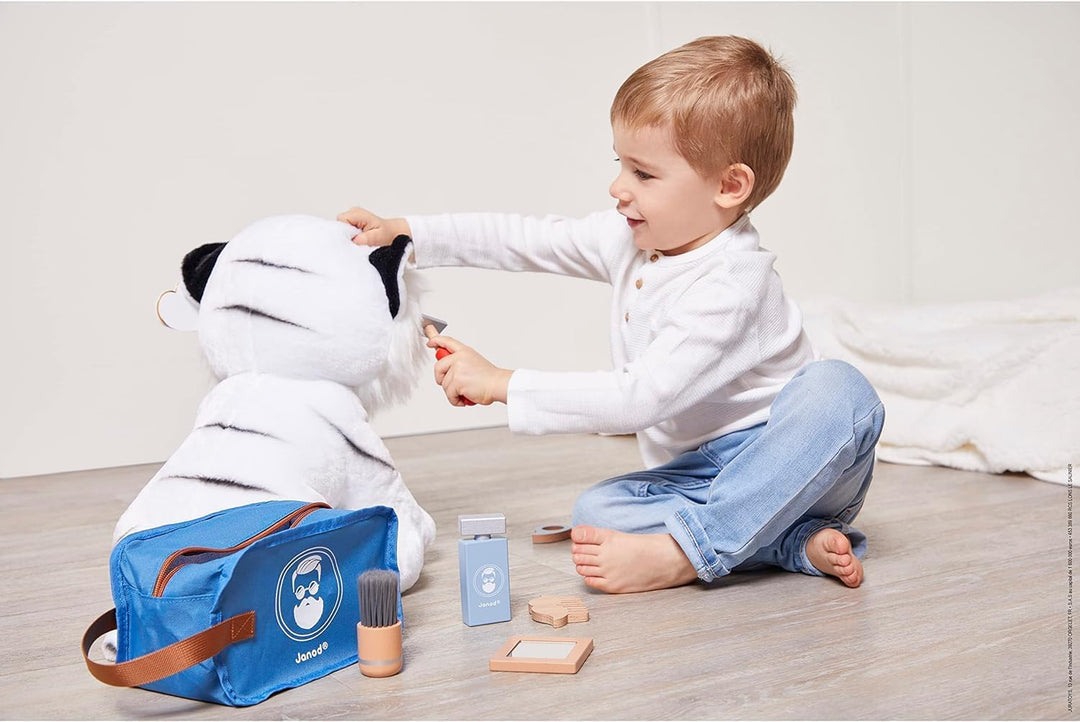 JANOD - Barbierkoffer für Kinder - 7 Holz-Accessoires + Etui - Rollenspielzeug - Entwickelt die Fant
