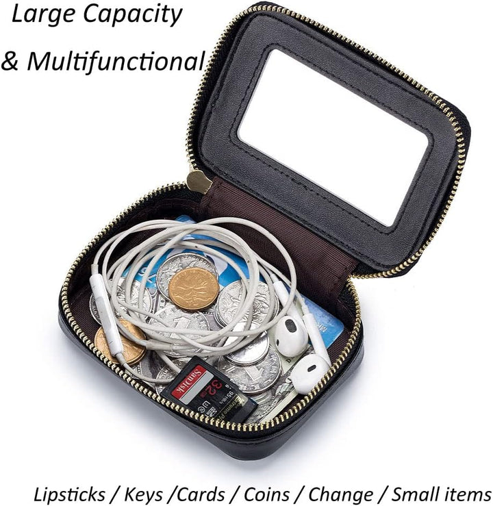 Lippenstift-Etui mit Spiegel, echtes Leder, Reissverschluss, Lippenstift-Halter, Box, kleine Reise-M