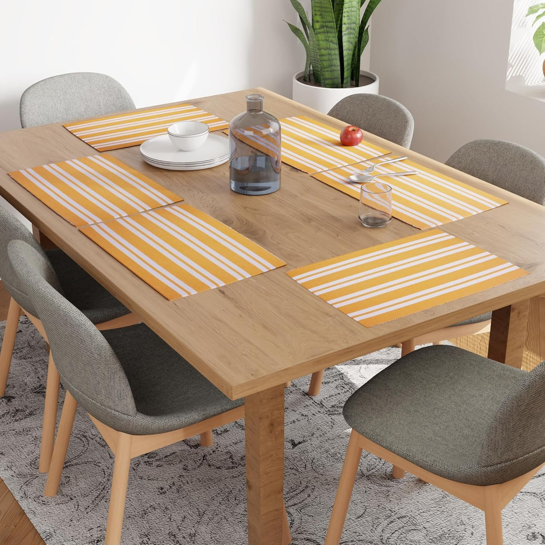 Encasa XO Platzsets Esstisch Set von 6 | Franca Gelbe Streifen | Fein gerippte Baumwoll-Tischunterla