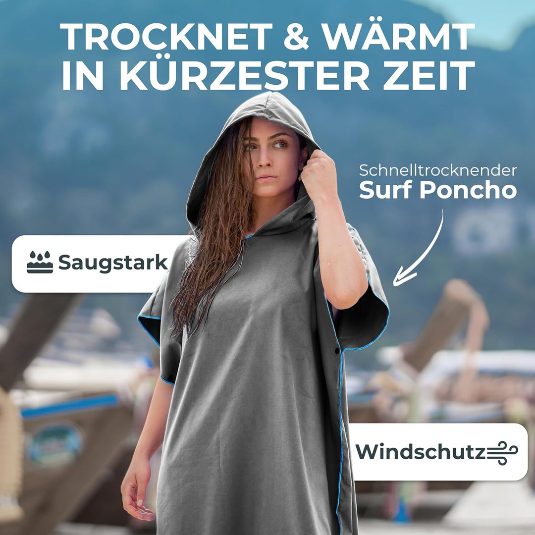 NirvanaShape Handtuch-Poncho für Erwachsene, Umziehhilfe & Handtuch zugleich, Surf-Poncho mit Quick-
