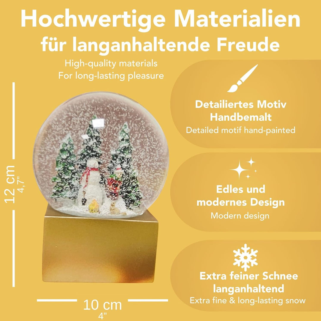 Weihnachts-Schneekugel Winterstimmung | Schneemann Steht mit Kind auf Schlitten | Sockel Farbe Gold