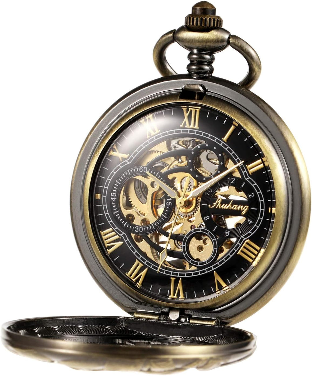 TREEWETO Unisex Taschenuhr mit Kette Analog Mechanisch Handaufzug Wolf wölfe Skelett Hohl Fall Für M