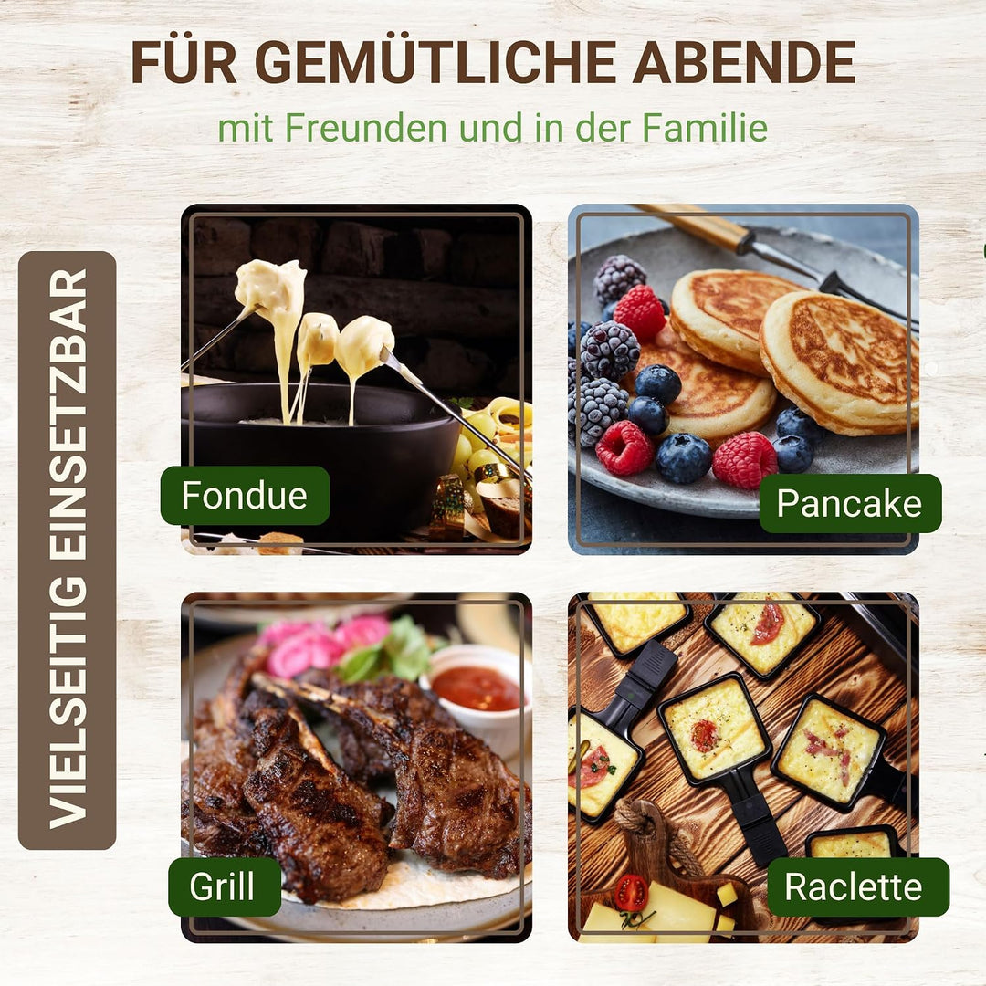 Syntrox Raclette Fondue 2in1 für 8 Personen, 1400 W, antihaft Grillplatte, 8 Pfännchen, 1,4 l Fondue