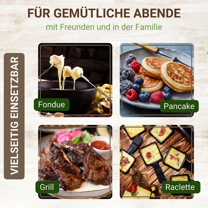 Syntrox Raclette Fondue 2in1 für 8 Personen, 1400 W, antihaft Grillplatte, 8 Pfännchen, 1,4 l Fondue