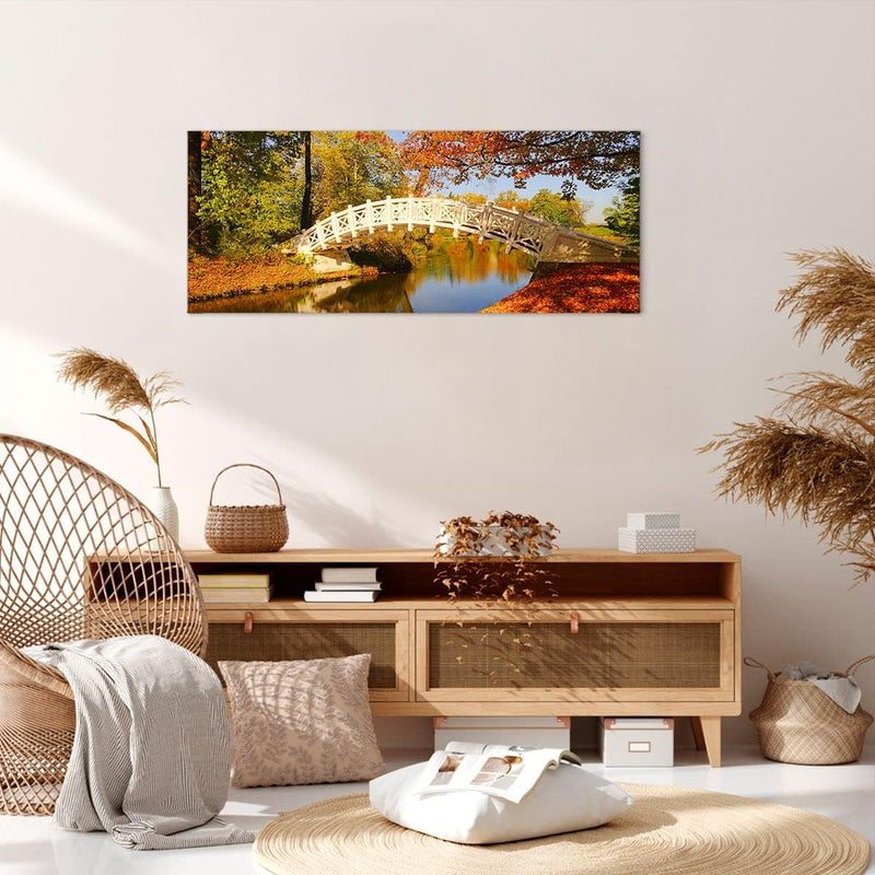 Wandbilder Dekoration Wohnzimmer Stream Fussgängerbrücke Herbst Panorama Bilder auf Leinwand 120x50c