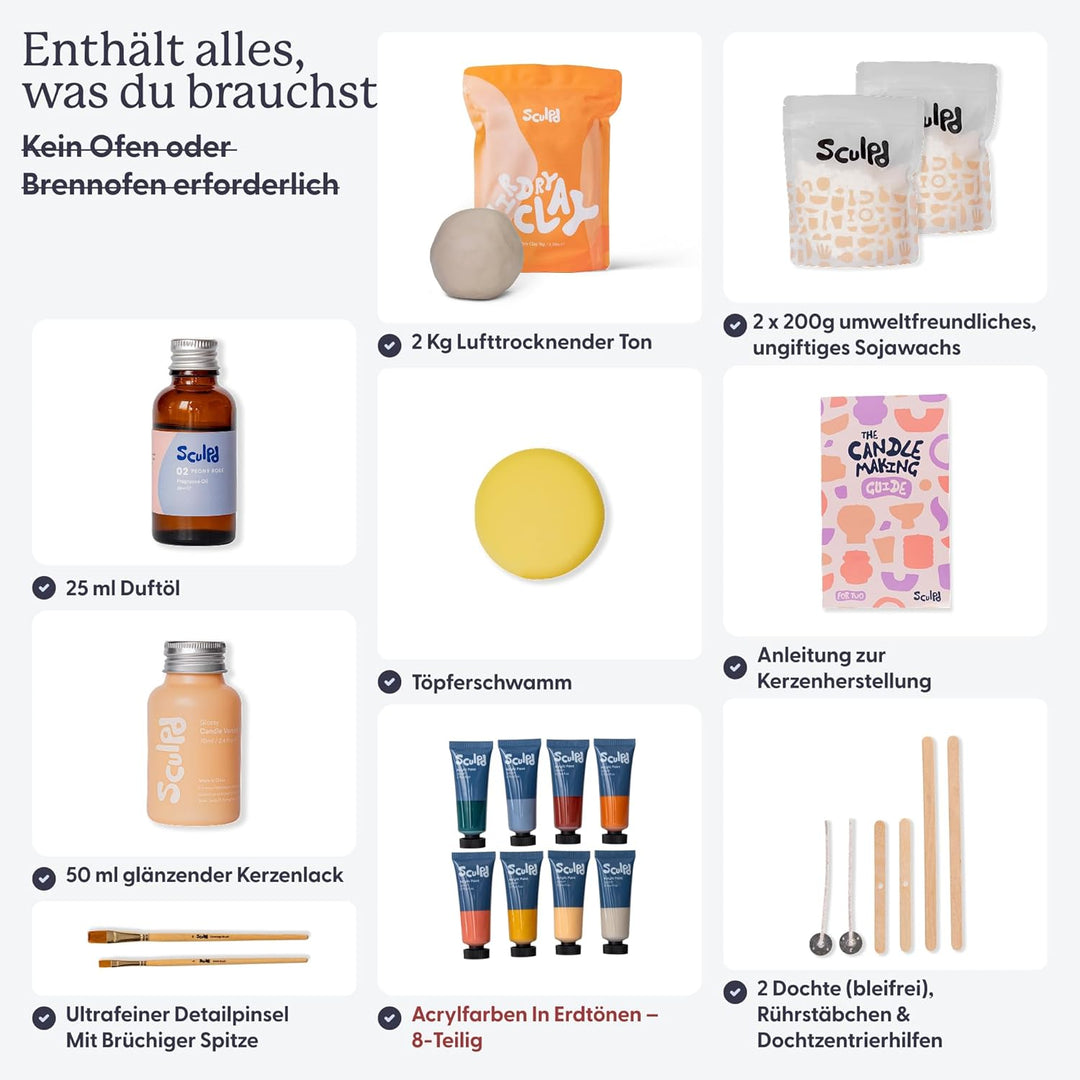 Sculpd Kerzenherstellung Töpferei Kit mit lufttrockenem Ton und Acrylfarbe Set, Anfänger Kerze Start