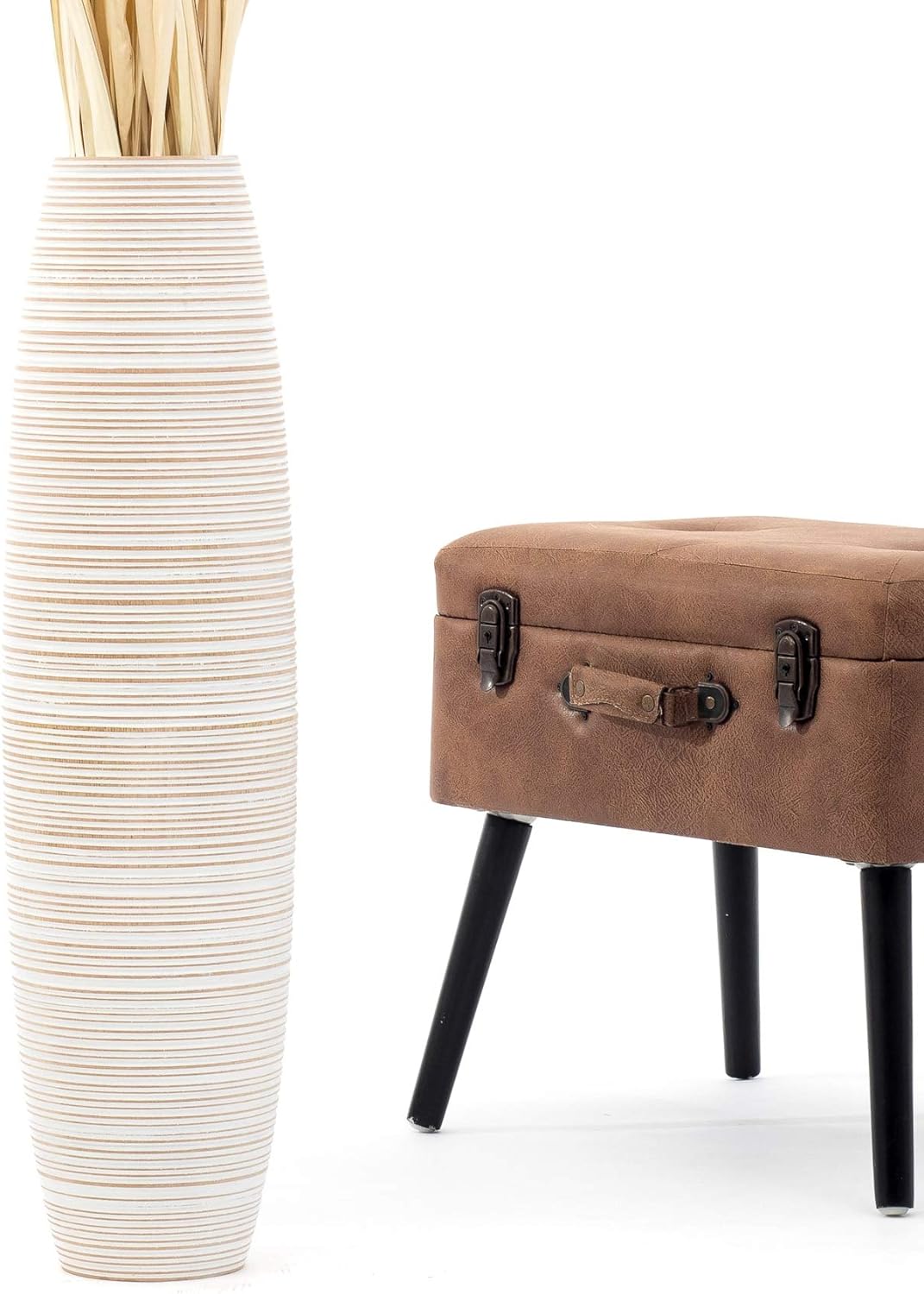 Leewadee Grosse Bodenvase für Dekozweige hohe Standvase Design Holzvase, Holz, 70 cm, White Wash 70