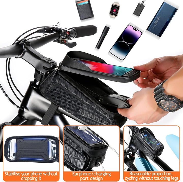Fahrrad Rahmentasche für Smartphone, Lenker Handytasche mit Design Ladeanschlusses, Rahmen Lenkertas