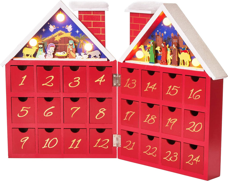BRUBAKER Adventskalender aus Holz zum Befüllen - Rotes Weihnachtshaus mit Krippenspiel und LED-Beleu
