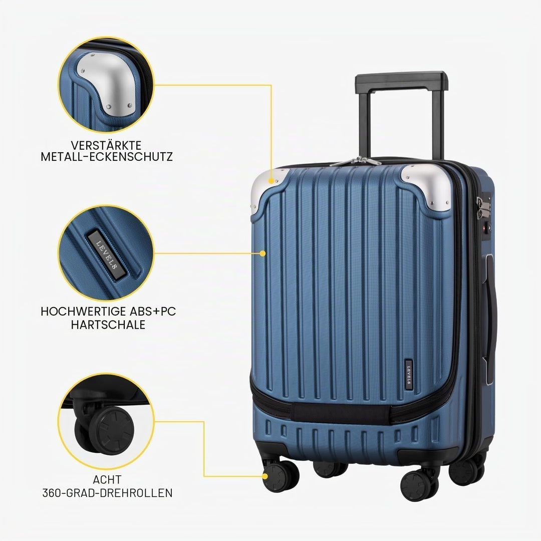 LEVEL8 Koffer Trolleys Handgepäck Hartschalenkoffer Rollkoffer Reisekoffer, TSA Blau mit Organizer-s