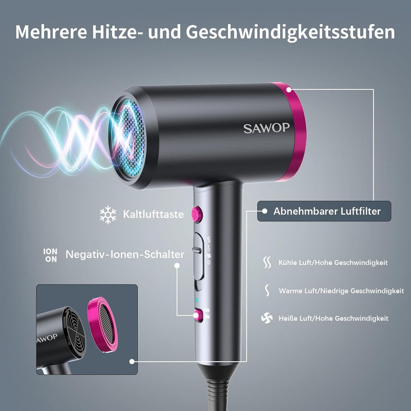 SAWOP Föhn mit Diffusor, Haartrockner Ionen für lockiges Haar, 1800W Haarföhn Fön mit Düse zum schne