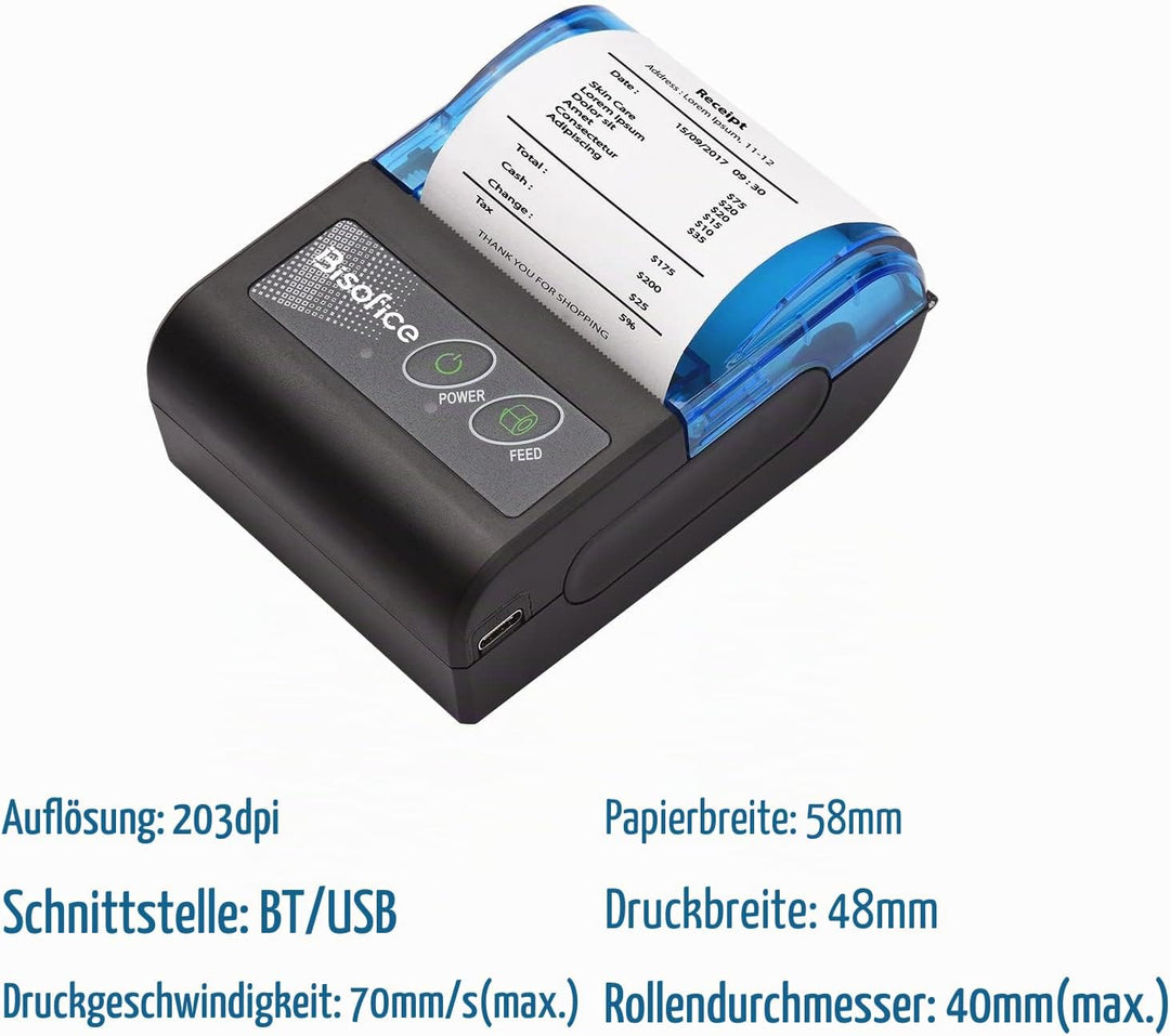 XGR-POS581 Mini Tragbarer Thermodrucker Belegticketdrucker 2 Zoll Wireless USB Beleg Ticket Drucker