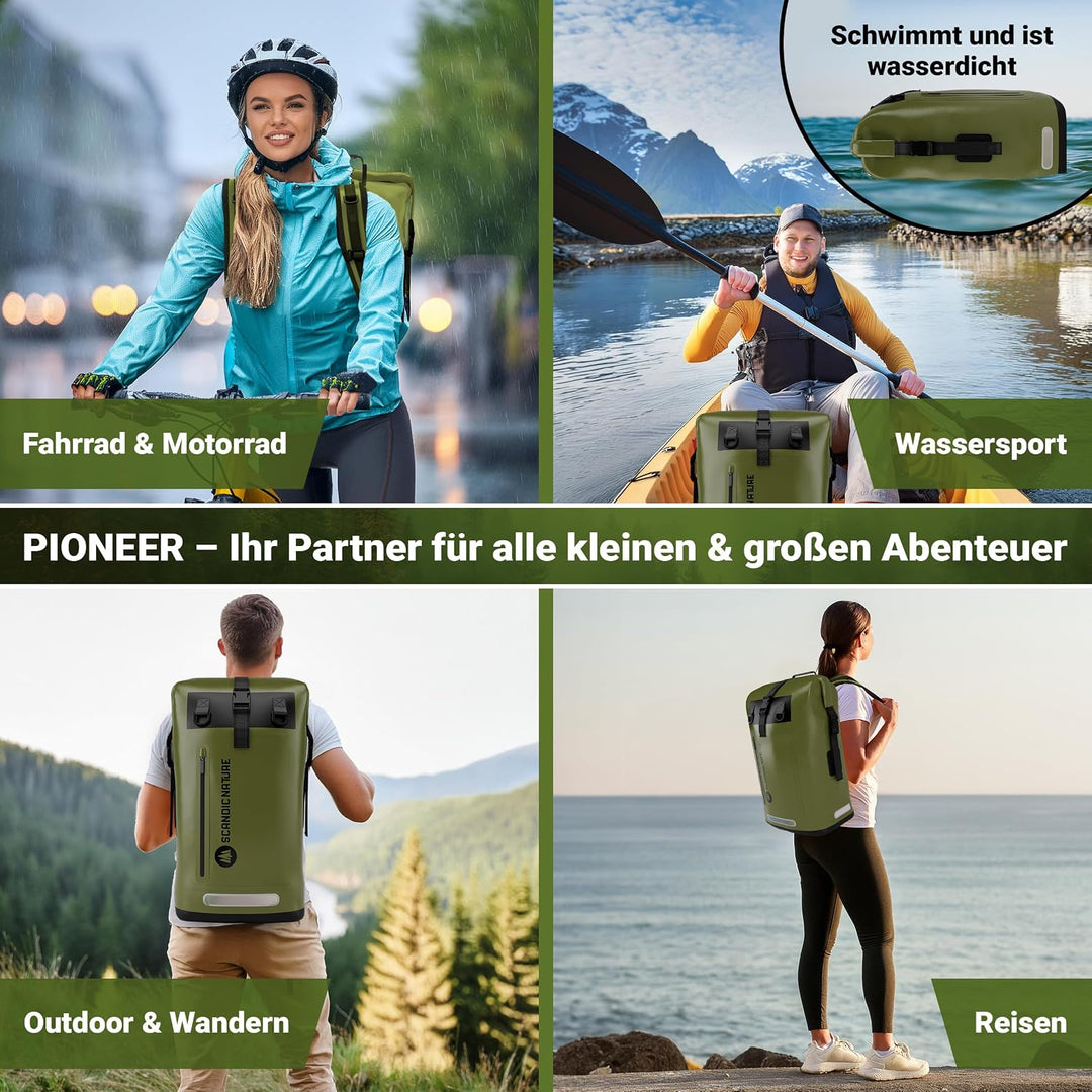 PIONEER wasserdichter Rucksack mit Rolltop Verschluss 35L 55L schwarz gelb oliv-grün - extra robust