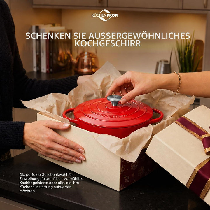 Küchenprofi Gusseisen Bräter mit Deckel, rot/innen schwarz , 24 cm, Schmortopf, Auflaufform, Dutch O