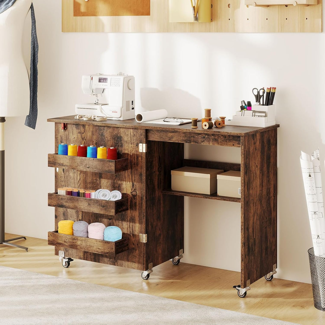 COSTWAY 2 in 1 Nähtisch klappbar, Nähmaschinenschrank aus Holz mit Regalen & Ablagefach, Nähschrank