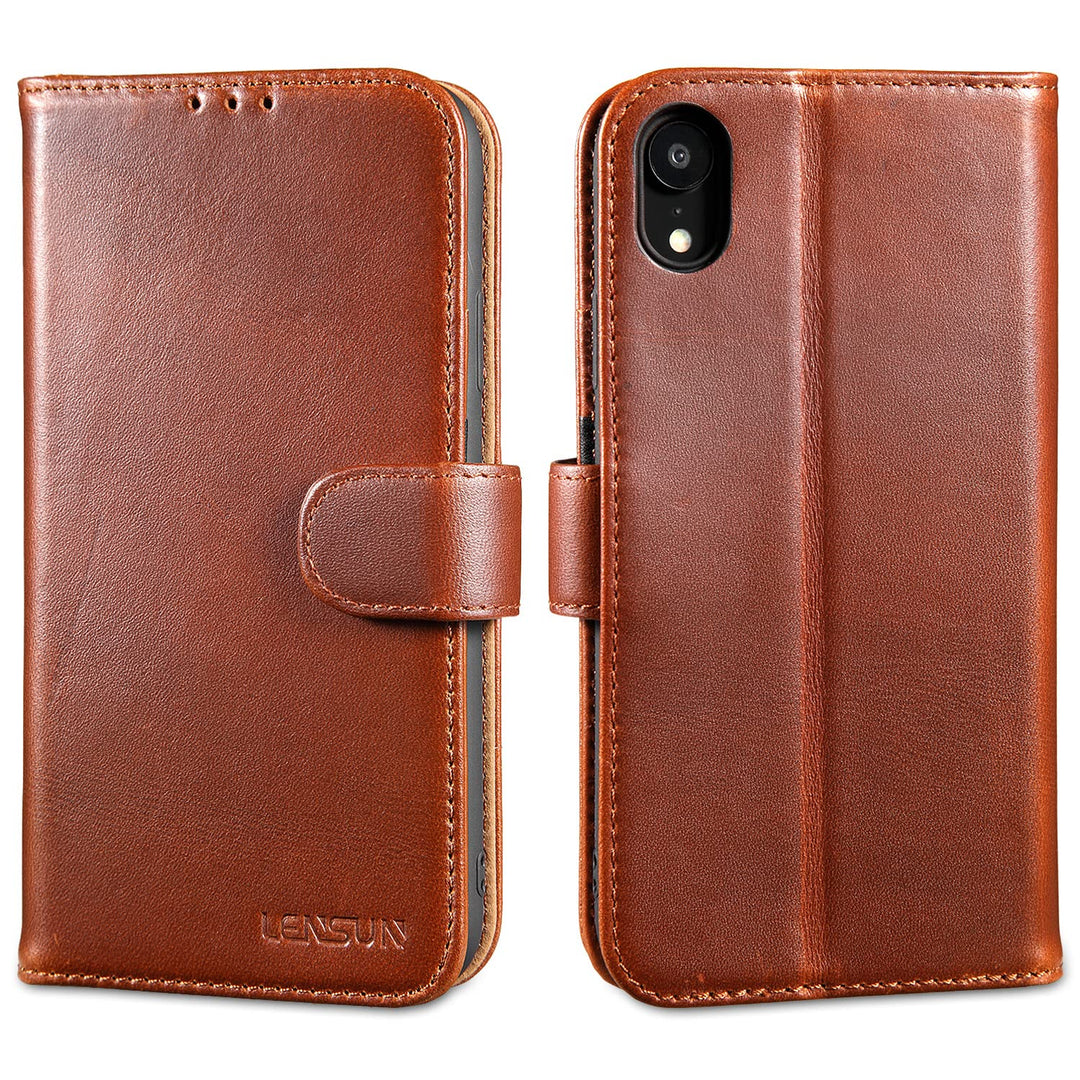 LENSUN Echtleder Hülle für iPhone XR, Handyhülle Leder [Kartenfach][Magnetverschluss][RFID Schutz] H