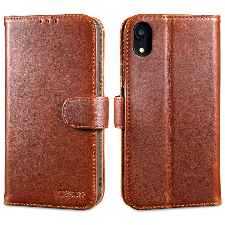 LENSUN Echtleder Hülle für iPhone XR, Handyhülle Leder [Kartenfach][Magnetverschluss][RFID Schutz] H