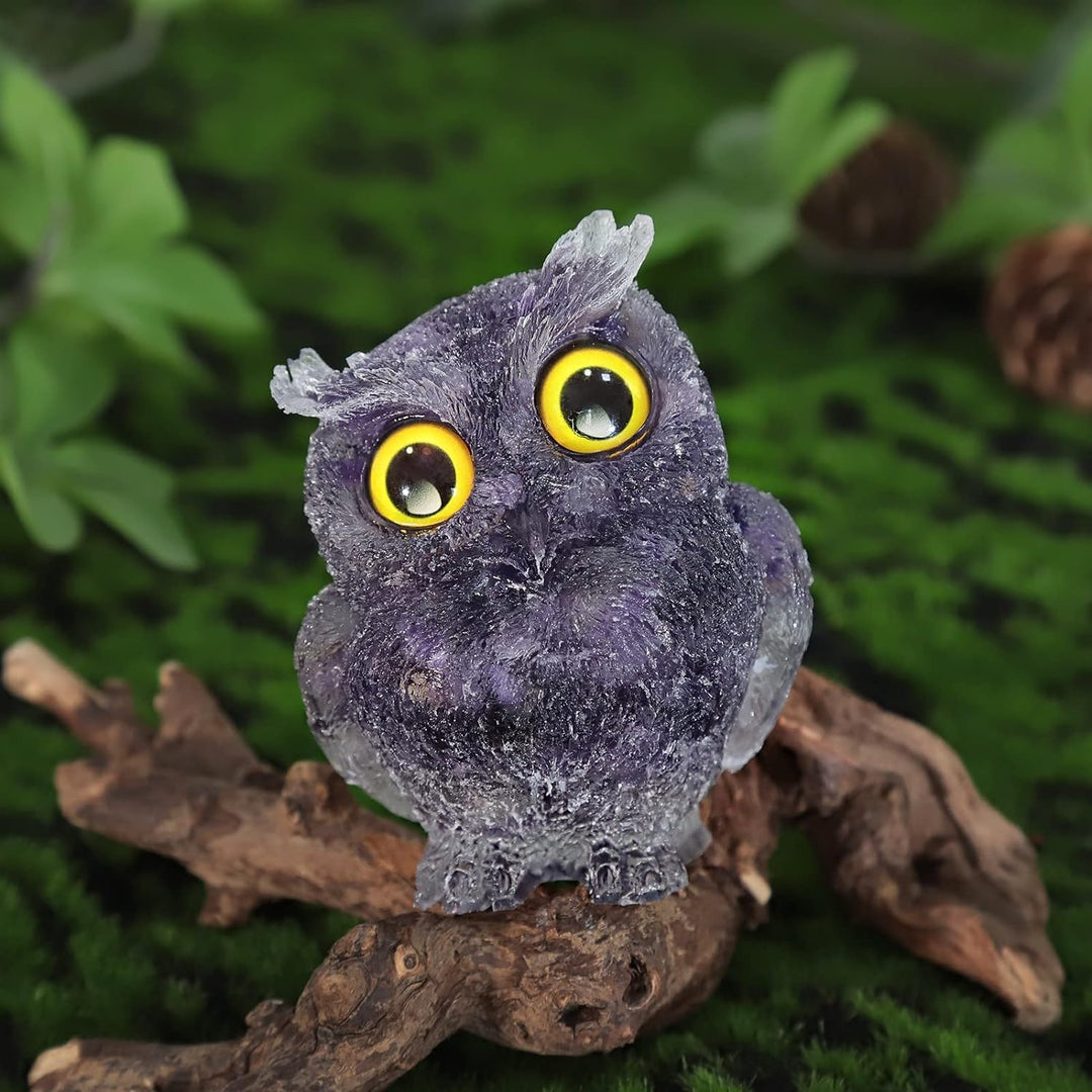 KYEYGWO Amethyst Nette Kristall Eule Figur Ornamente, Mini Stein Käuzchen Statuen Harz Tier Skulptur