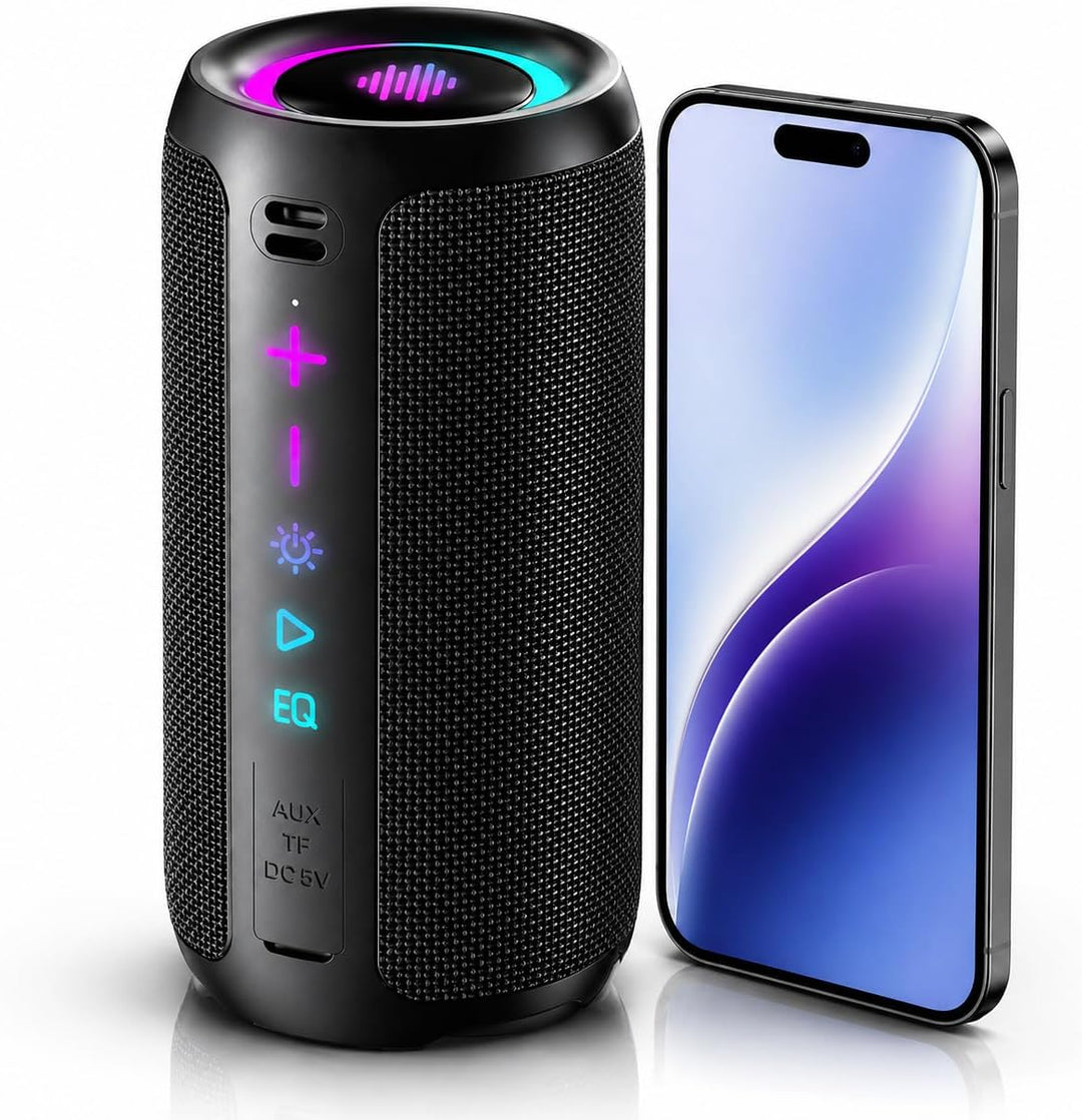 TIMU Bluetooth Lautsprecher mit Licht, Bluetooth 5.4 Musikbox, 25W Dual Lautsprecher, Dualen Bass-Tr
