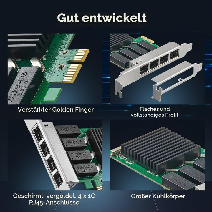 Binardat 4 Port Gigabit PCIe Netzwerk Adapter, Realtek RT8111H Controller 1000/100Mbps Ethernet LAN