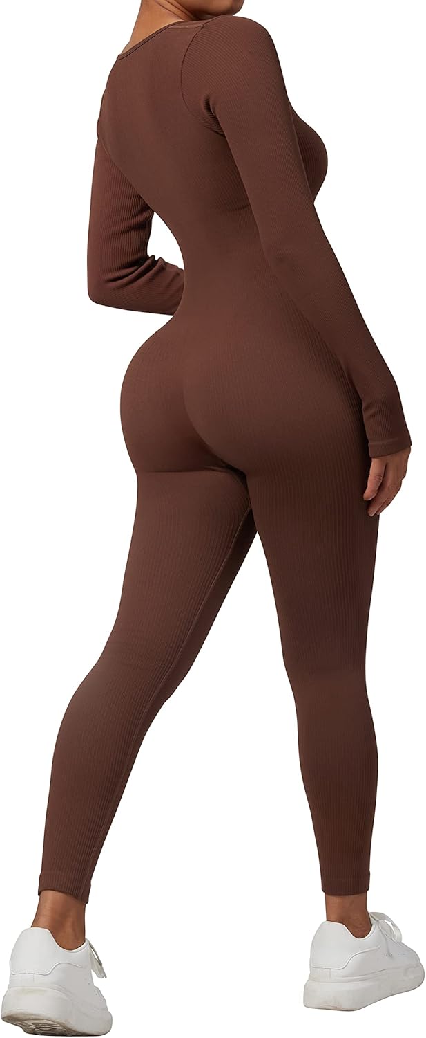 RXRXCOCO Gerippte Langarm Jumpsuits Damen Eng Square Neck Einteiler Bauchweg Sport Yoga Overall Romp