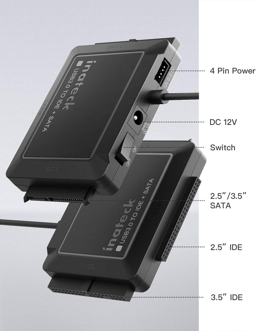 Inateck IDE SATA to USB 3.0 Adapter für 2.5/3.5 Zoll HDD/SSD Festplatten, mit 12V/2A Stromversorgung