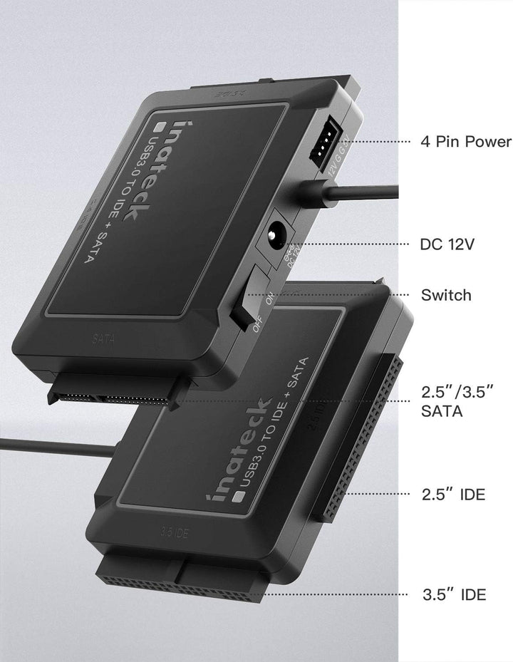 Inateck IDE SATA to USB 3.0 Adapter für 2.5/3.5 Zoll HDD/SSD Festplatten, mit 12V/2A Stromversorgung