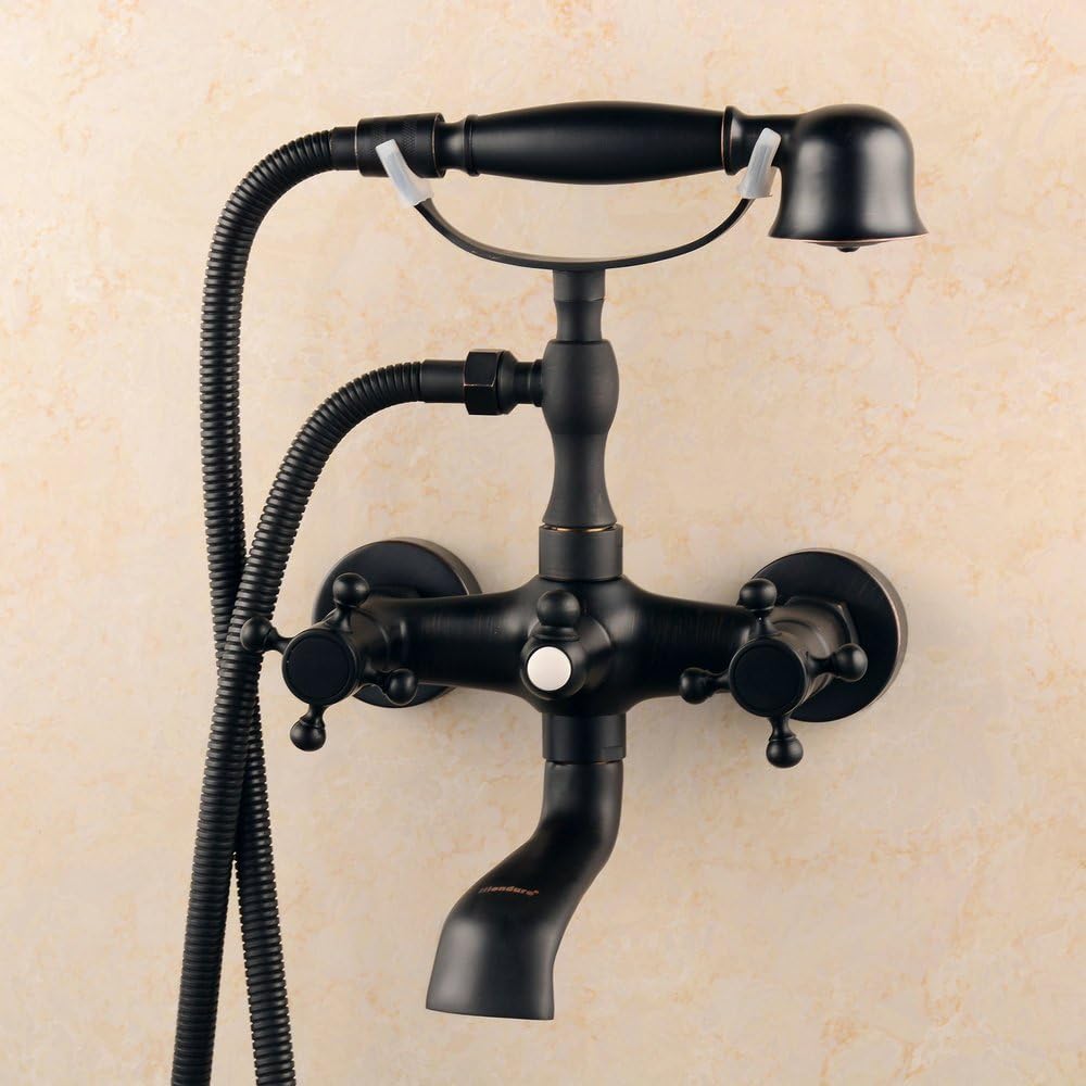 Hiendure ®Wandhalterung Zwei Griffe Badewanne Armatur mit Hand dusche Schwarz Öl eingerieben Bronze-