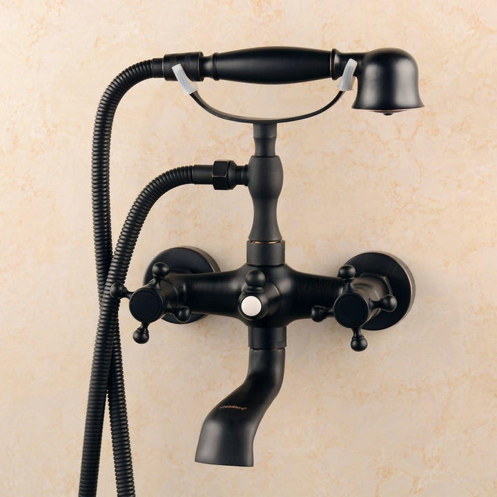 Hiendure ®Wandhalterung Zwei Griffe Badewanne Armatur mit Hand dusche Schwarz Öl eingerieben Bronze-