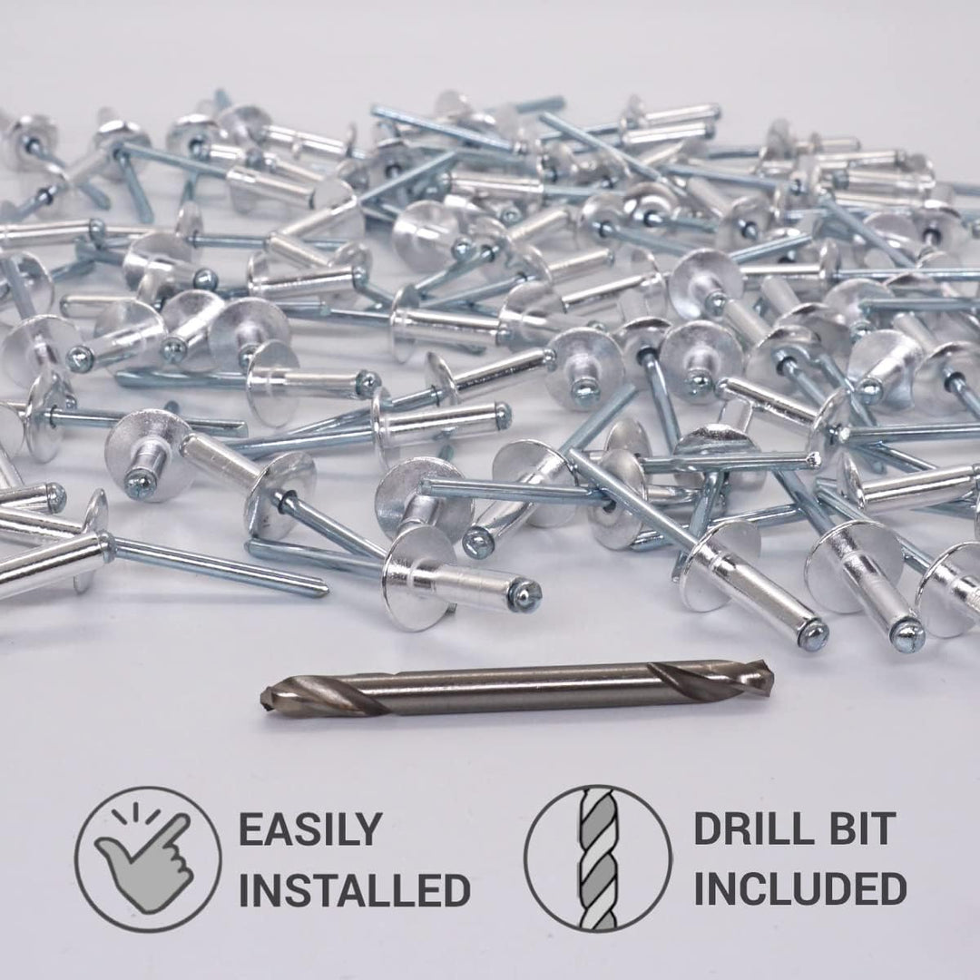 SKIR'CO (150 Stück) Grossflansch Aluminium Blindnieten 5,0 x 16 mm, Stahldorn, Bohrer inklusive 150