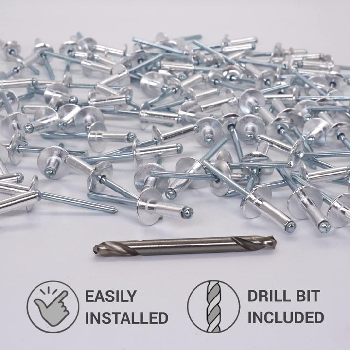 SKIR'CO (150 Stück) Grossflansch Aluminium Blindnieten 5,0 x 16 mm, Stahldorn, Bohrer inklusive 150