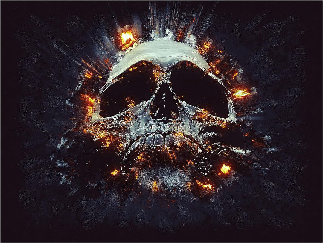 wandmotiv24 Totenkopf Wandbild aus Acrylglas, Grösse 80x60cm, Querformat, Explosion Schädel, Feuer,