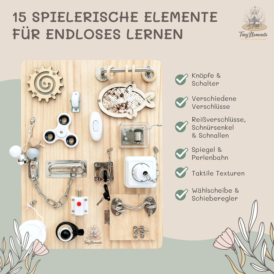 Tiny Nomads Montessori Busy Board motorikbrett ab 1 2 3 4 Jahr - Motorikboard für Baby Sensorik Acti
