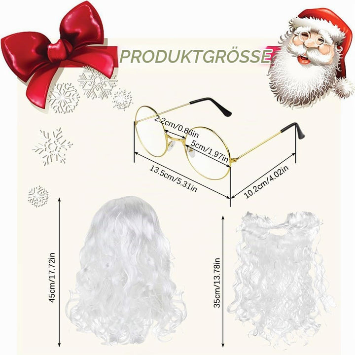 Weihnachtsmannbart + Perücke Weihnachtsmann + Brille, Nikolausbart Bart weiss Weiss - Perücke Santa