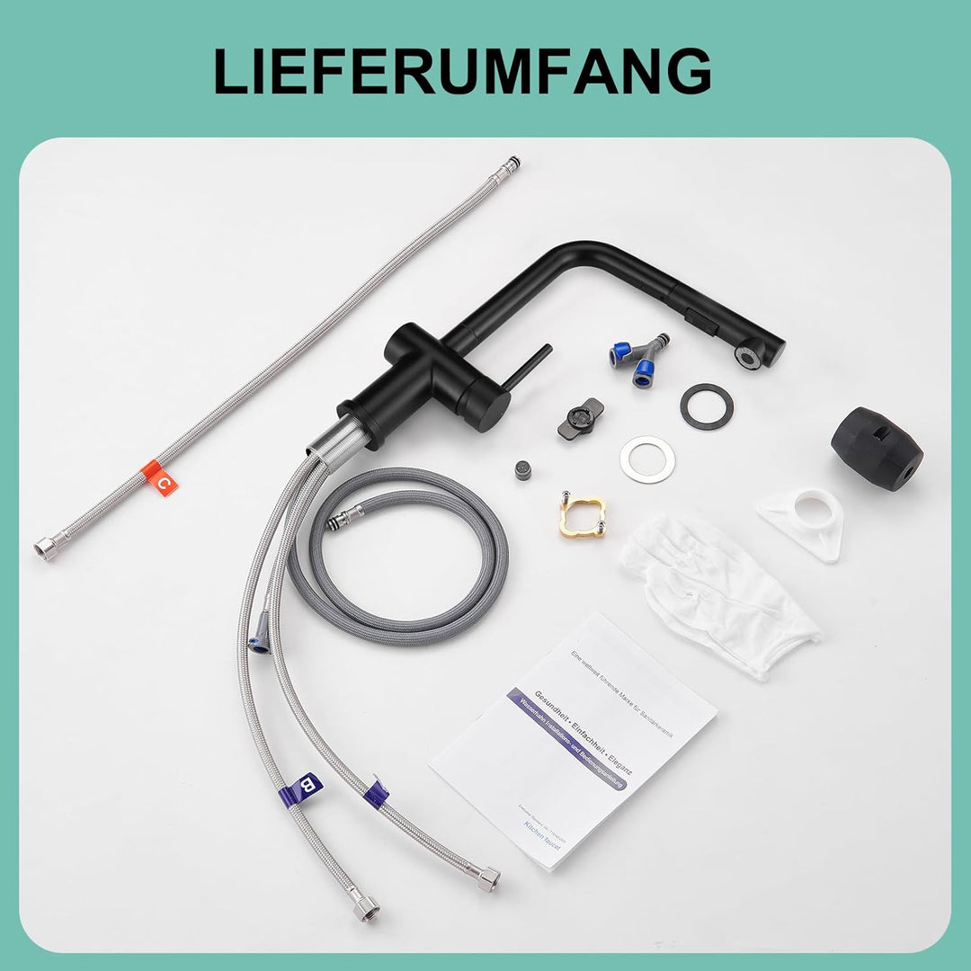 BONADE Niederdruck Armatur Küche Schwarz, Wasserhahn Küche Ausziehbar 3 Anschlüsse, Edelstahl Küchen