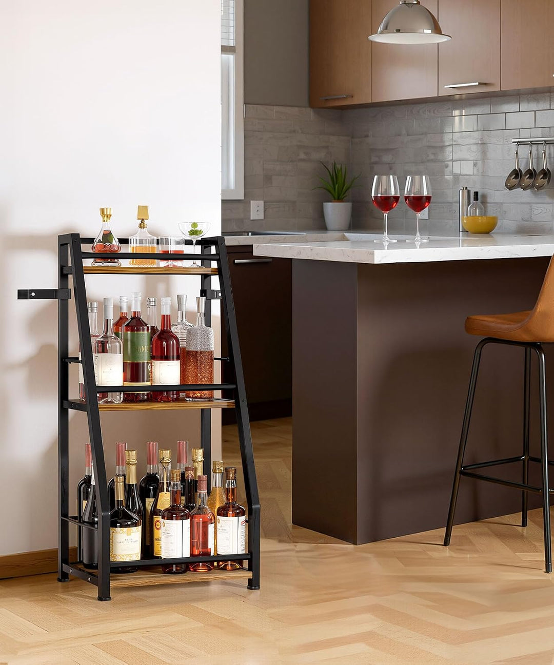 Yorbay 3-Stöckiges Freistehendes Weinregal mit Geländer: Modern Metall-Holz Flaschenregal für Wein u