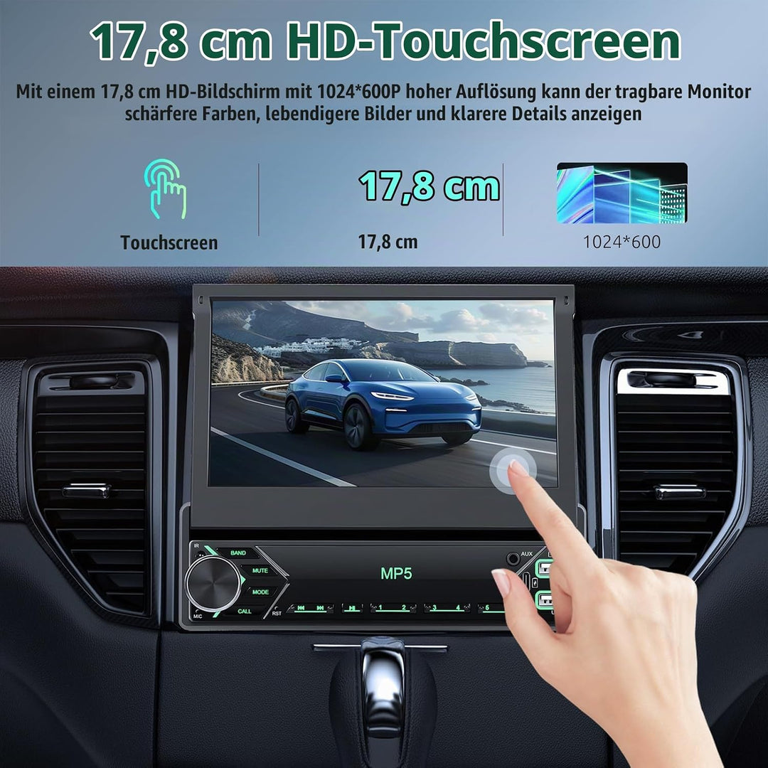 Autoradio 1 Din mit Drahtlos Carplay Android Auto, 7 Zoll IPS HD Manueller Flip Touchscreen Autoradi