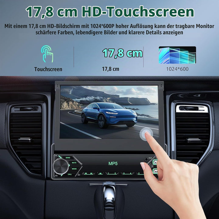 Autoradio 1 Din mit Drahtlos Carplay Android Auto, 7 Zoll IPS HD Manueller Flip Touchscreen Autoradi