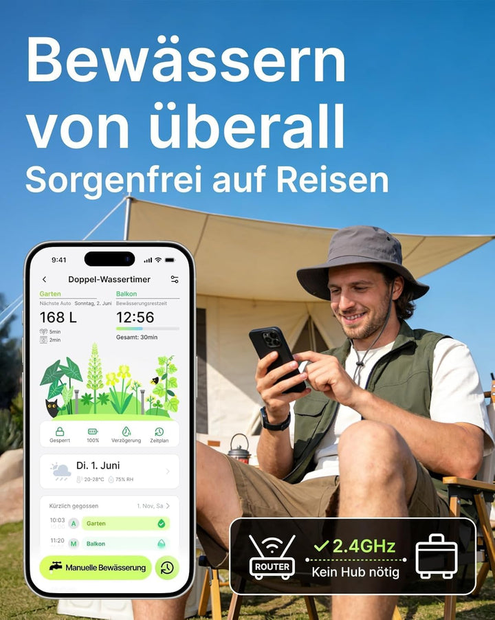 Solar WLAN Bewässerungscomputer für Garten, 2-Wege Smart Bewässerungsuhr mit Durchflussmesser, Kein