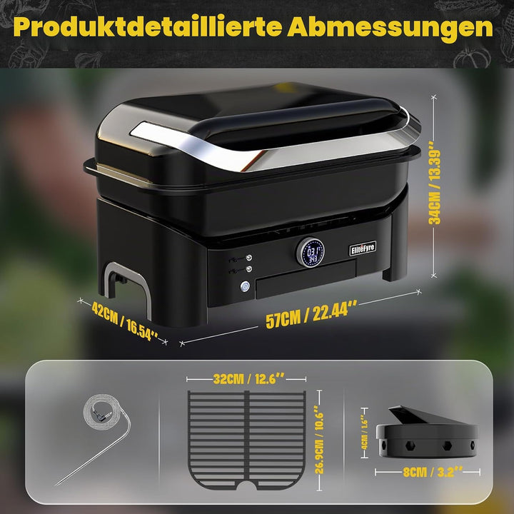 Volteq Smart Elektrogrill, 343°C Profi-Hitze in 20 Min, Tischgrill mit Fleischsonde &amp; LED-Display, 1