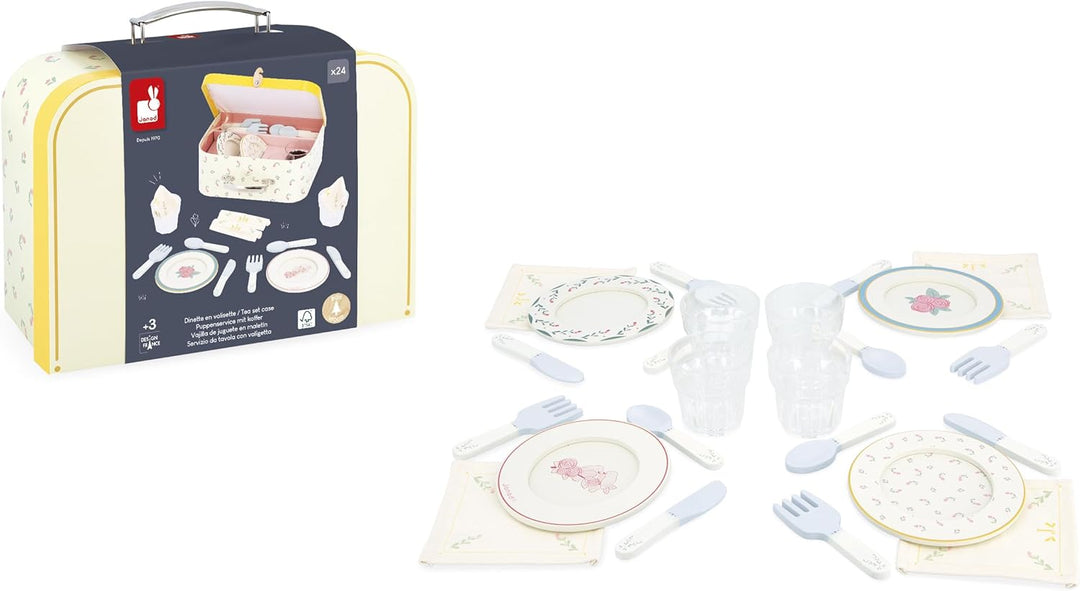 Janod - Valisette Dinette Holz - Picknickset für Kinder - Für 4 Personen - 25 Teile - Valisette aus