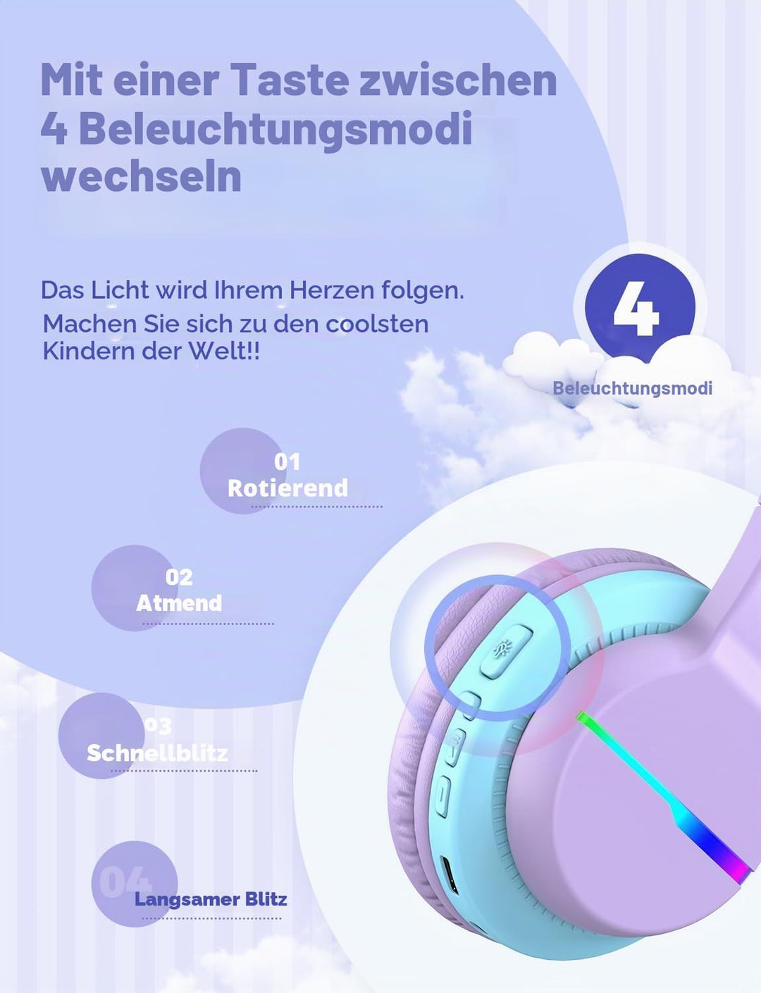 iClever Bluetooth Kinder Kopfhörer, Farbige LED-Leuchten, Kinderkopfhörer Over-Ear mit 74/85/94dB La