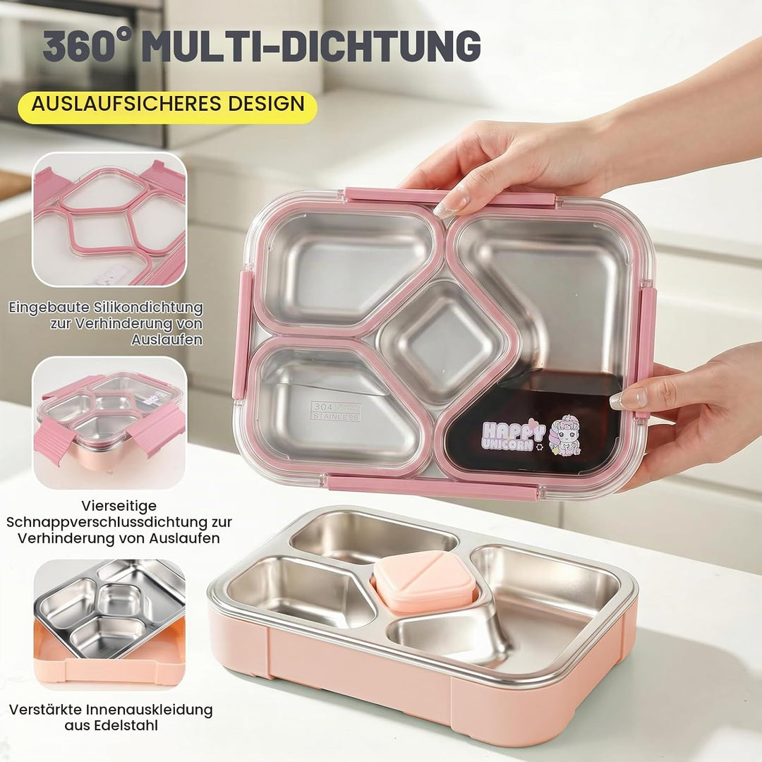 Edelstahl Brotdose Kinder,1020ml Metall Bento Lunchbox mit 4 Fächern Auslaufsichere Brotbox Kinderga
