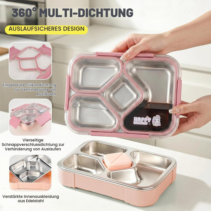 Edelstahl Brotdose Kinder,1020ml Metall Bento Lunchbox mit 4 Fächern Auslaufsichere Brotbox Kinderga