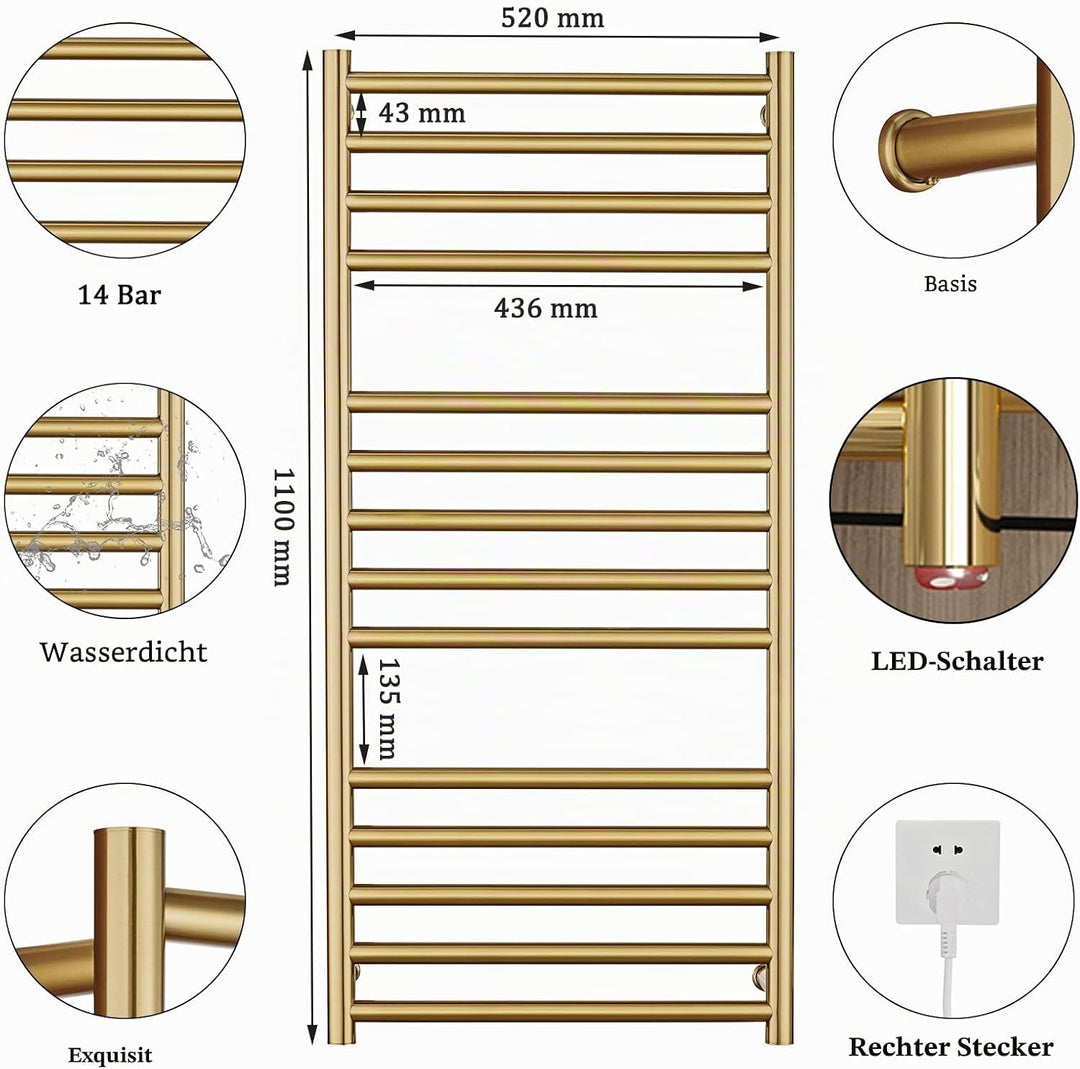 SWHC Badheizkörper Elektrisch Gold Handtuchheizkörper Elektrisch 110 x 52 x 12 cm Heizkörper Heizung