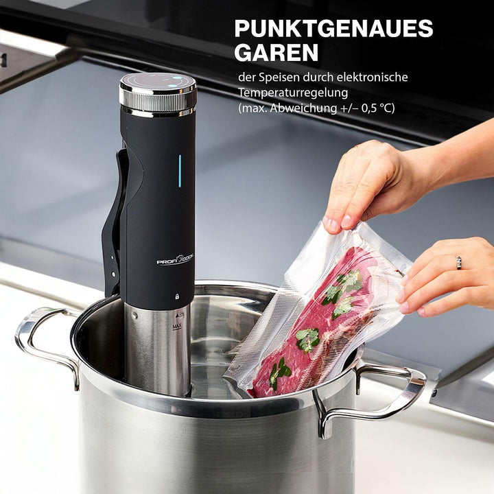 ProfiCook Sous Vide-Stick Edelstahlgehäuse mit Touchdisplay, Sous Vide bis 90 Grad inkl. Joghurt Mak