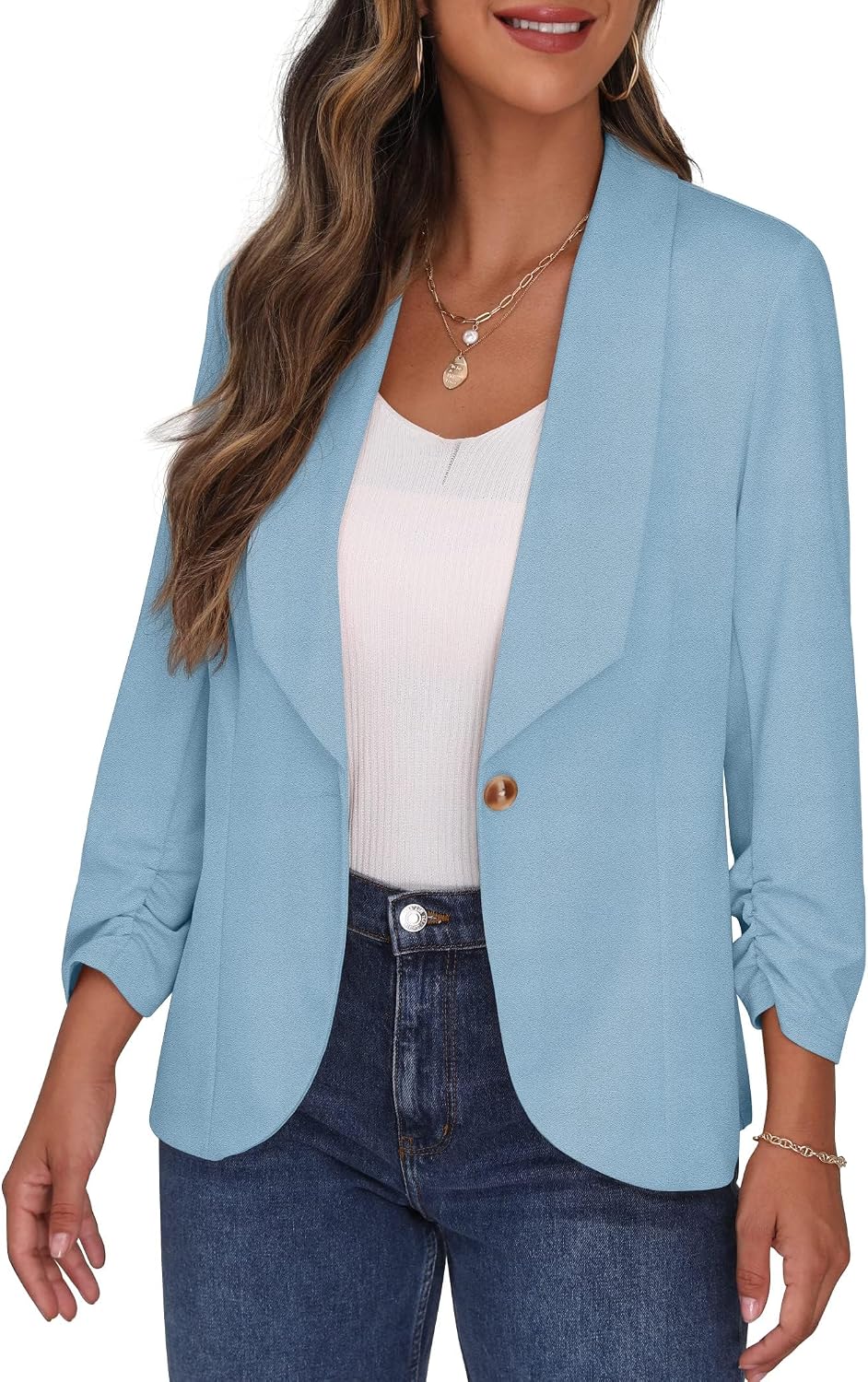 PrinStory Blazer Für Damen 3/4 Geraffte Ärmel Blazer Geschäft Büro Blazer Anzug Sportlich Jack Trenc