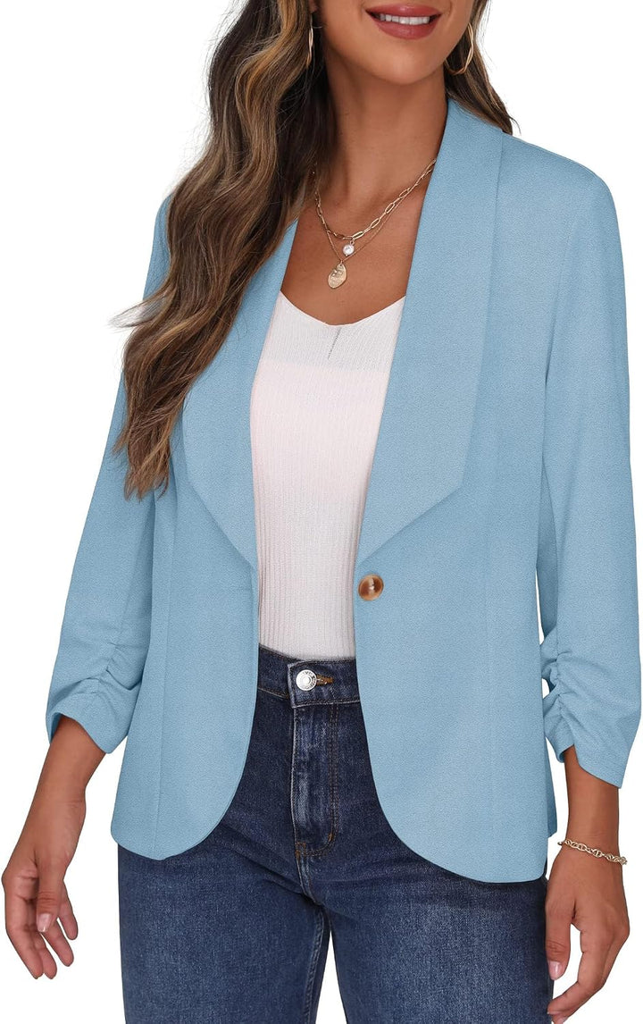 PrinStory Blazer Für Damen 3/4 Geraffte Ärmel Blazer Geschäft Büro Blazer Anzug Sportlich Jack Trenc