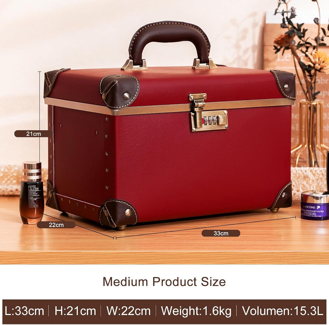 urecity Vintage Leder Kosmetikkoffer mit Spiegel - Hartschale Schminkkoffer für Damen, Reise Make-up